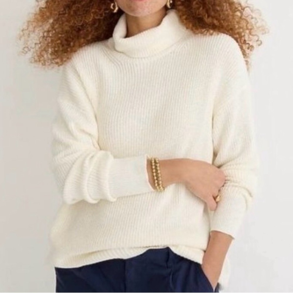 J. Crew Relaxed Cotton-Cashmere Blend Ribbed Turtleneck Sweater | Cream | XXS - Picture 1 of 8